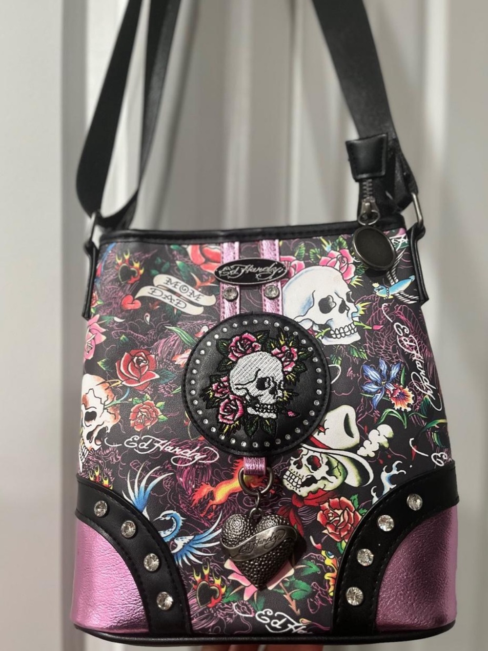 Ed Hardy Black and Pink Skull & Rose Crossbody Bag with Heart Charm